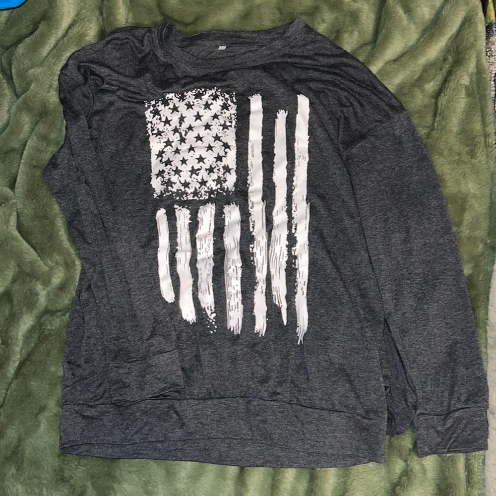 American Flag Shirt, Patriotic Stars Stripes, long sleeve, sz M, pockets